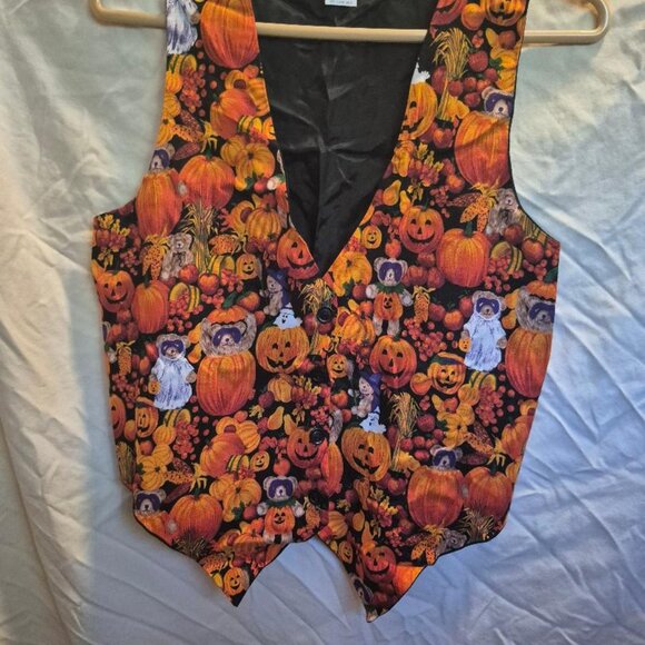 Vintage Halloween Vest Ghosts Pumpkins Black Cat Bears All Over Print M - Picture 1 of 1